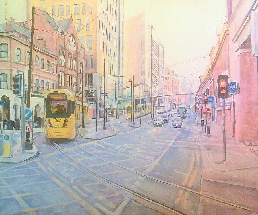 Tram About To Turn Into Piccadilly Metro Station, Manchester Painting by Rosanne Gartner