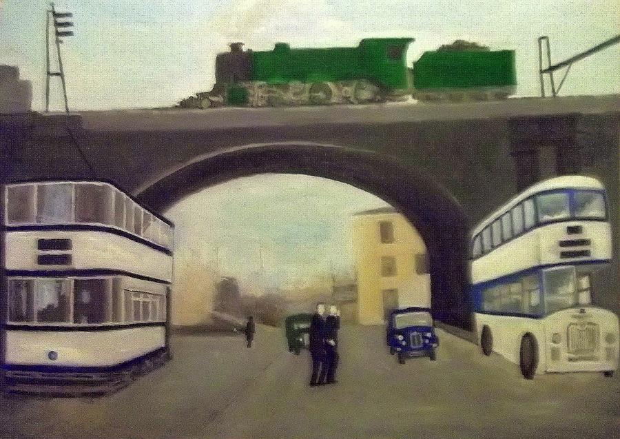 1950s Tram, Locomotive, Bus And Cars In Sheffield  Painting by Peter Gartner