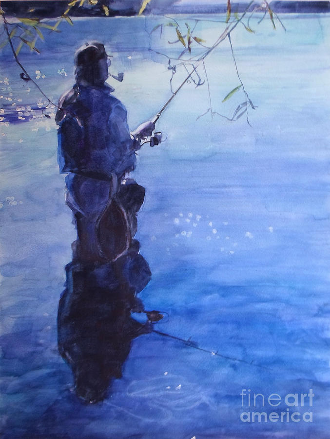 Watercolor of a Man Fishing in a Tranquil Lake Painting by Greta Corens