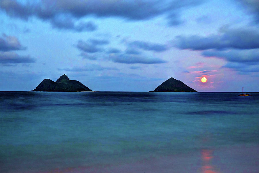 Sunset Photograph - Tranquil Full Moon Watercolor Reflections Over Lanikai Beach, Hawaii, Island of Oahu by Julie Thurston Let Go  Live Hawaii