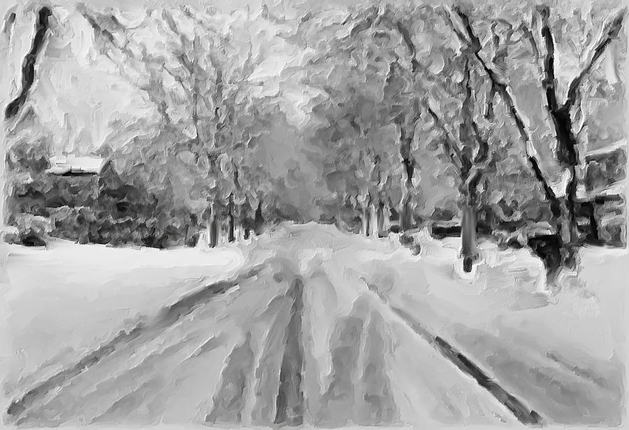 Tranquil Winter Snow Street With Car Tracks Painting by Exclusive Canvas Art