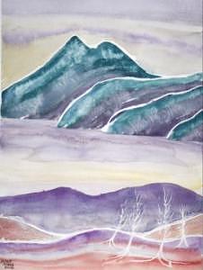 Watercolor Painting - TRANQUILITY landscape mountain surreal modern fine art print by Derek Mccrea Watercolor Painting - TRANQUILITY landscape mountain surreal modern fine art print by Derek Mccrea