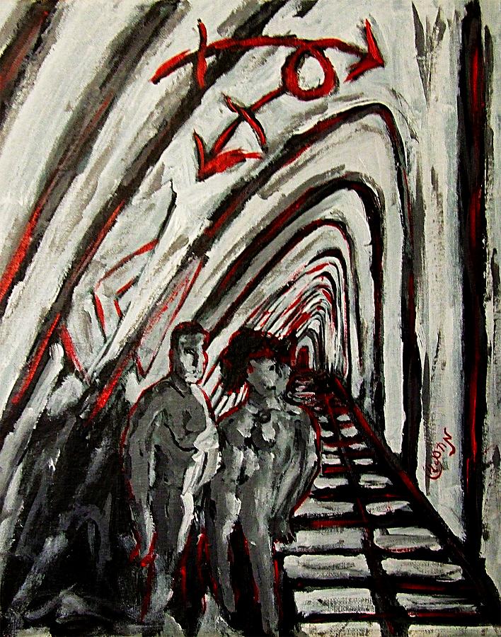 Transgender Entity Nude in Modern Hallway with Arches and Gender Symbols of Trans Changes Struggle Painting by MendyZ M Zimmerman