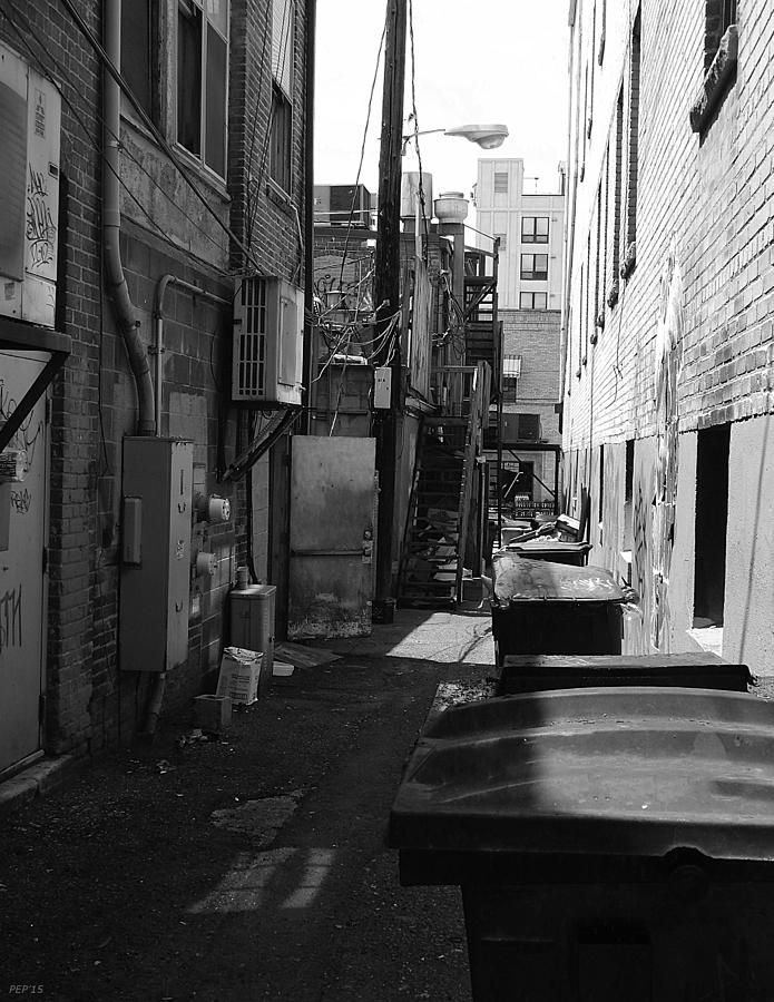Black And White Photograph - Trash Cans In Alley by Phil Perkins