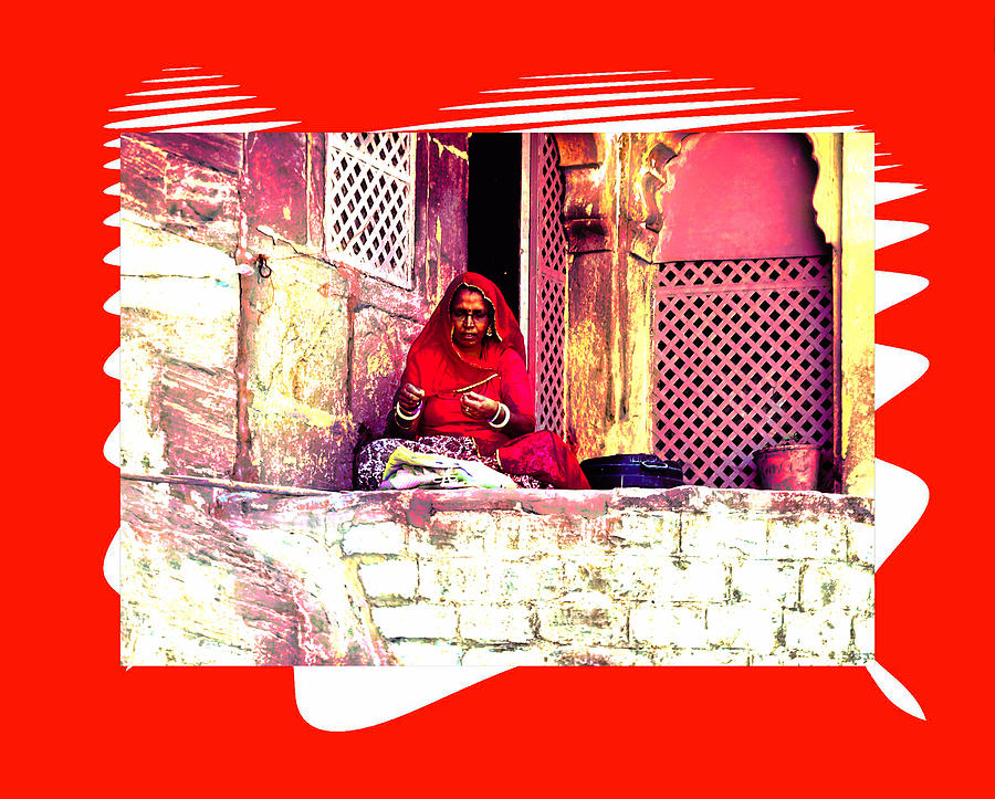 Architecture Photograph - Travel Exotic Woman Sewing in Mehrangarh Fort India Rajasthan 2a by Sue Jacobi