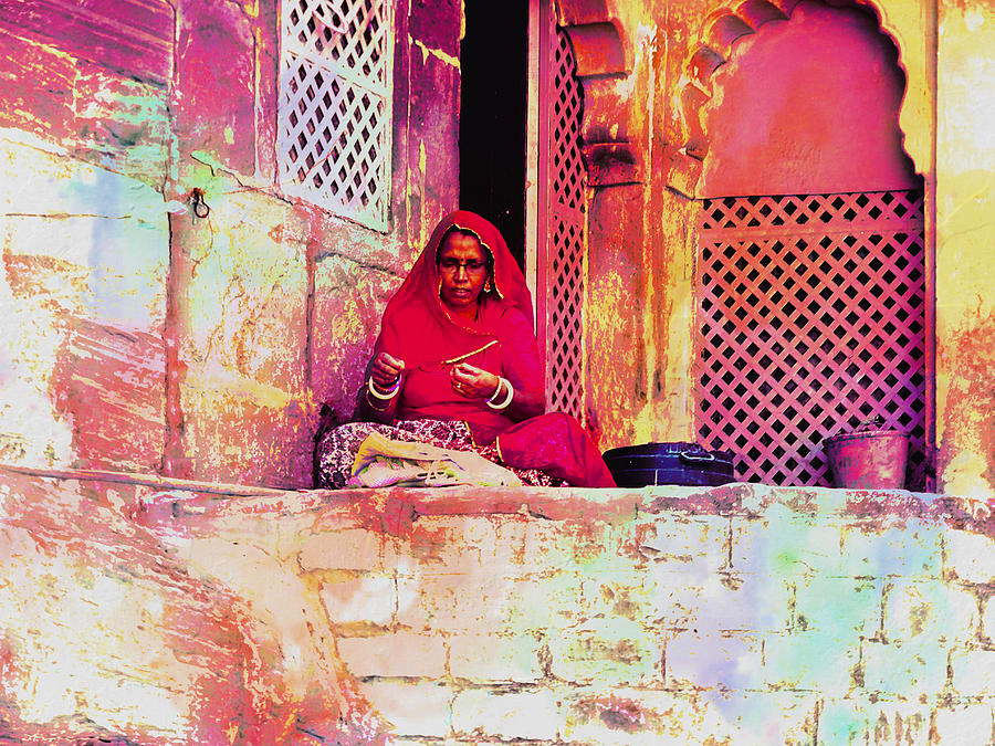 Travel Exotic Woman Sewing in Mehrangarh Fort India Rajasthan 2d Photograph by Sue Jacobi