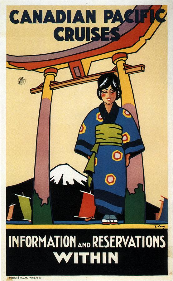 Travel Japan - Canadian Pacific Cruises - Japanese girl in Kimono - Vintage - Retro Travel Poster Mixed Media by Studio Grafiikka