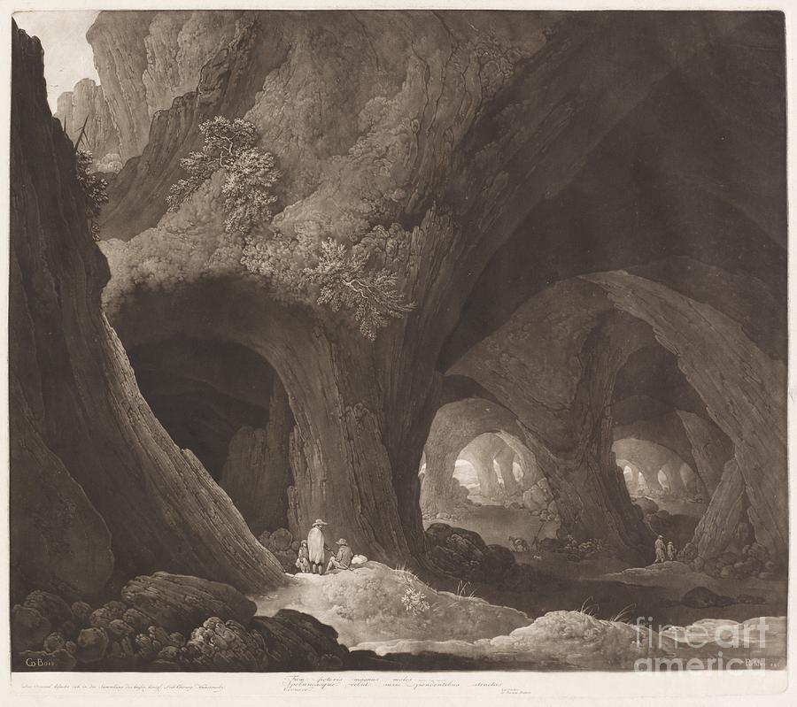 Travelers In Gigantic Caverns (after Guillam Dubois) Drawing by Johann