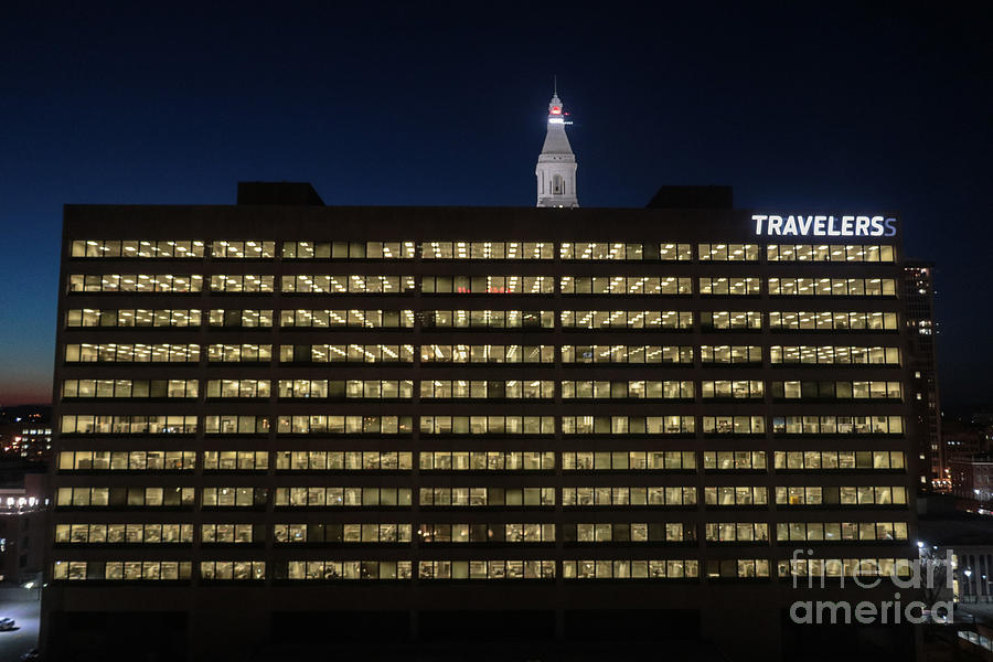 Architecture Photograph - Travelers Insurance Company at Night by Thomas Marchessault