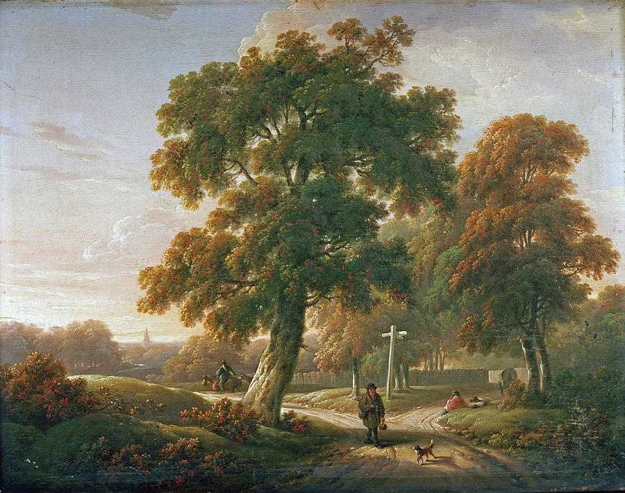 Sunset Painting - Travellers At A Crossroads In A Wooded Landscape by Charles Towne
