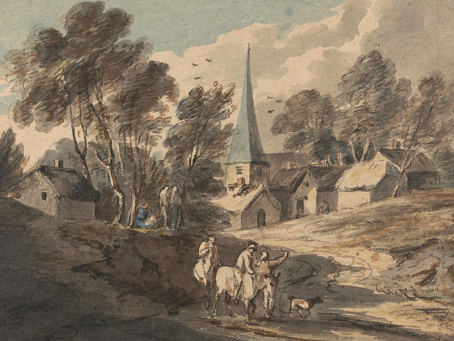 Travellers on Horseback Approaching a Village with a Spire  Painting by Thomas Gainsborough