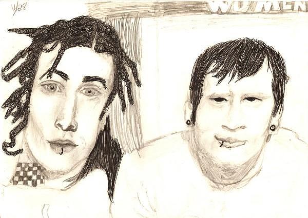 Portrait Drawing - Travis Barker and Tom DeLong from Blink 182 by Megan Canell  Downing
