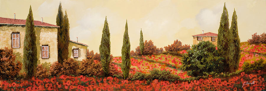 Landscape Painting - Tre Case Tra I Papaveri Rossi by Guido Borelli