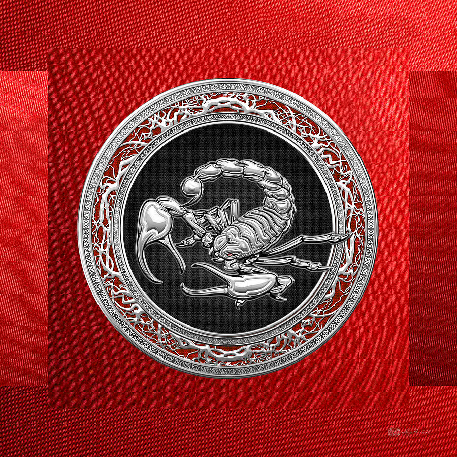 Treasure Trove - Sacred Silver Scorpion on Red Digital Art by Serge Averbukh