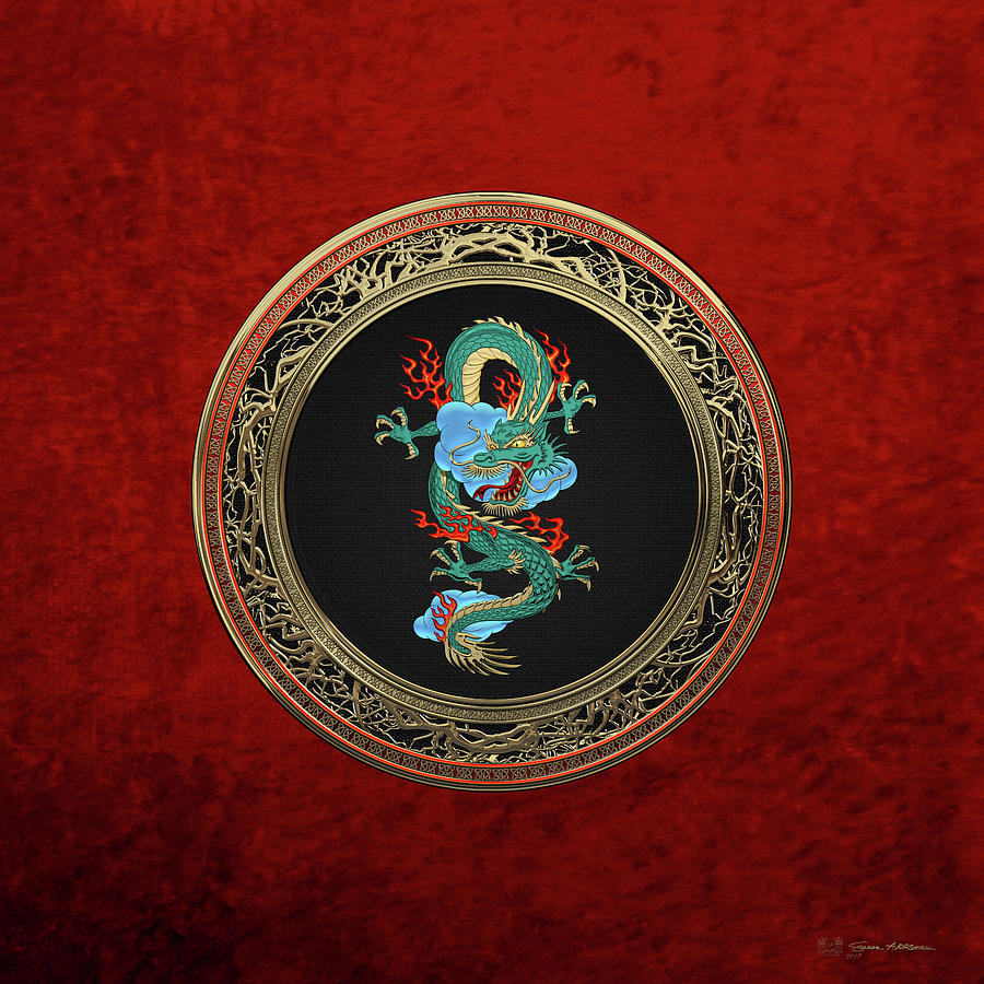 Treasure Trove - Turquoise Dragon over Red Velvet Digital Art by Serge Averbukh