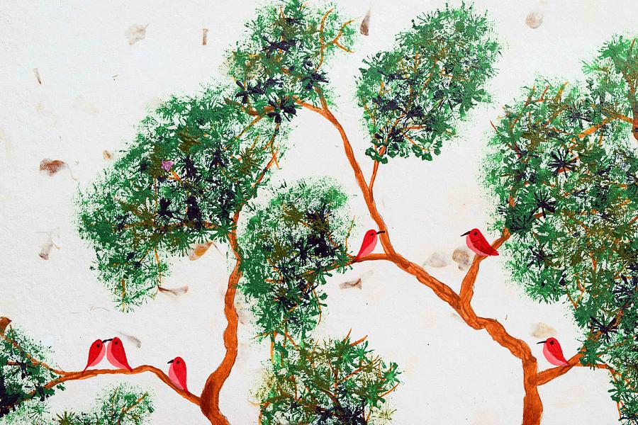 Tree And Red Birds 2 Painting by Sumit Mehndiratta