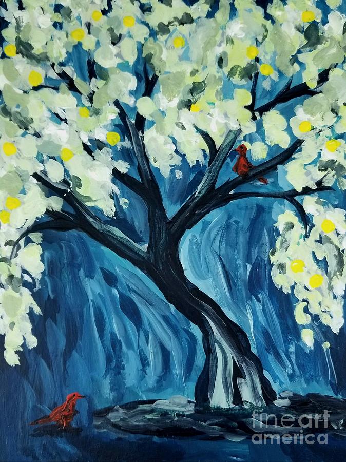 Tree and red birds Painting by Maria Langgle