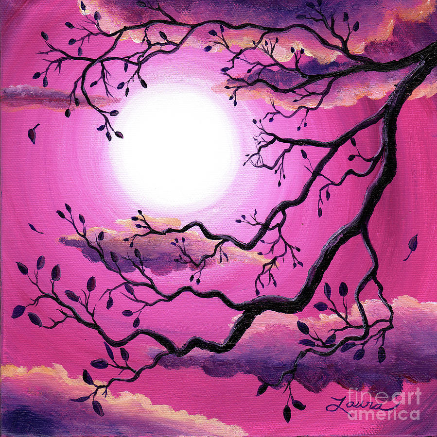 Tree Branch in Pink Moonlight Painting by Laura Iverson
