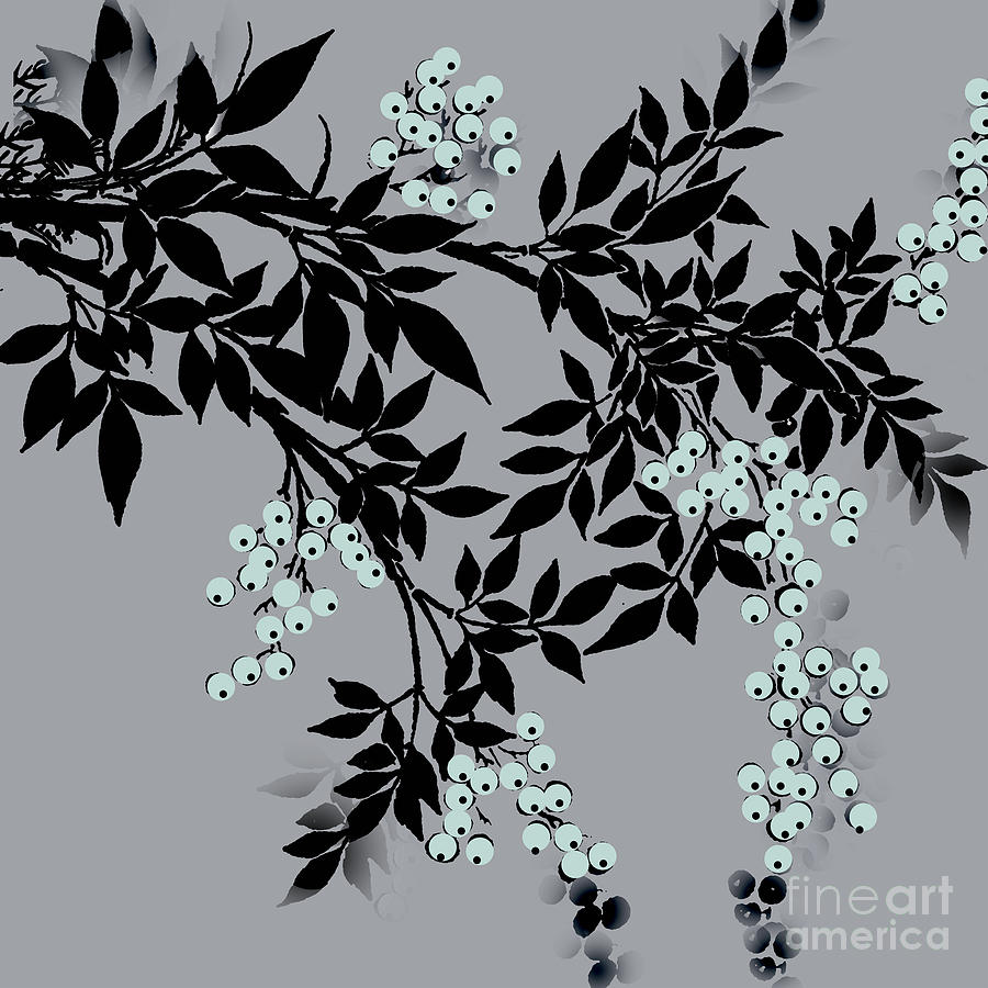 Tree Branches Leaves And Berries Iblack And Gray Painting by Saundra Myles