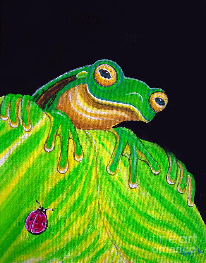 Frog Painting - Tree Frog on a leaf with lady bug by Nick Gustafson