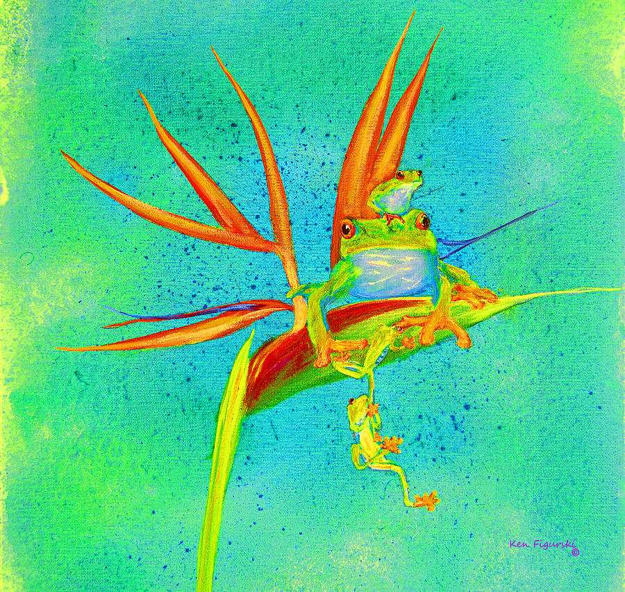 Tree Frog on Birds of Paradise Square Painting by Ken Figurski