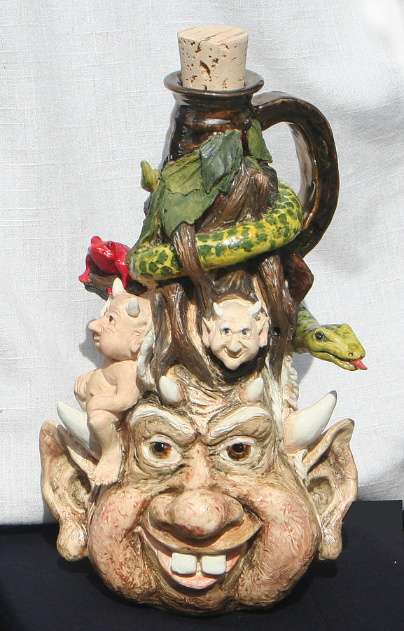 Tree Gnome face jug Sculpture by Lauren  Marems