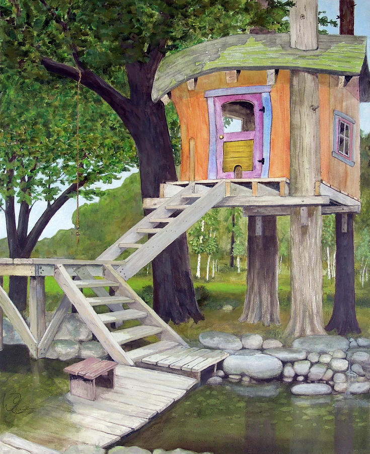 Fantasy Painting - Tree House Pond by Will Lewis