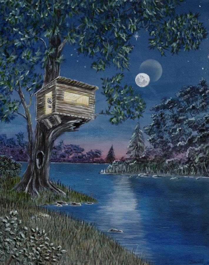 Treehouse on River Painting by Rick Bennett