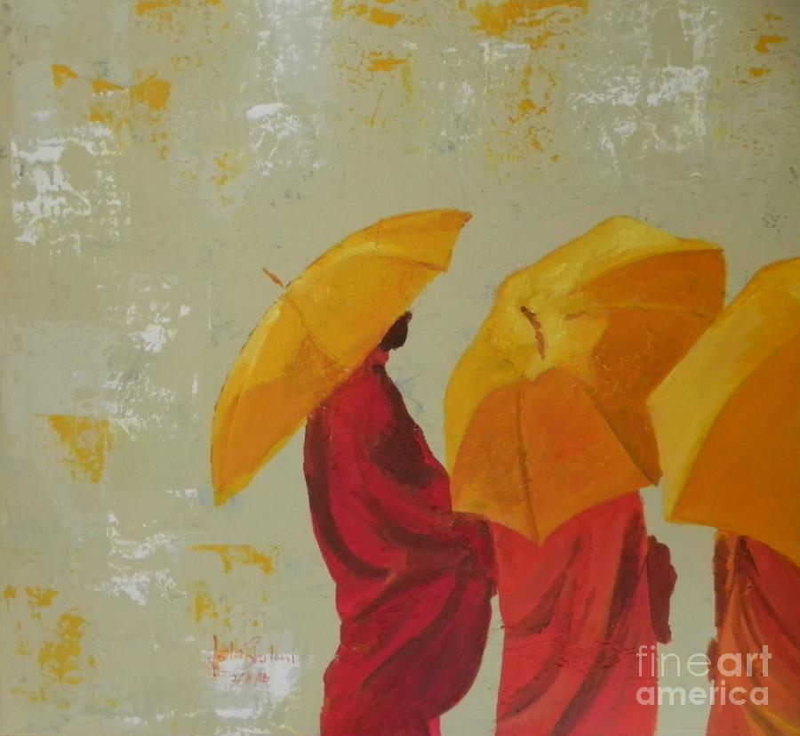 Tree Monks With Umbrella Painting by Jolanta Shiloni