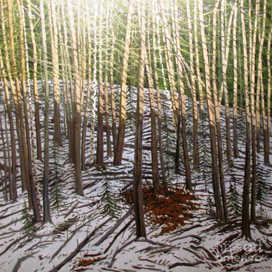 tree trunks snow forest painting by Ted Pollard tree trunks snow forest painting by Ted Pollard