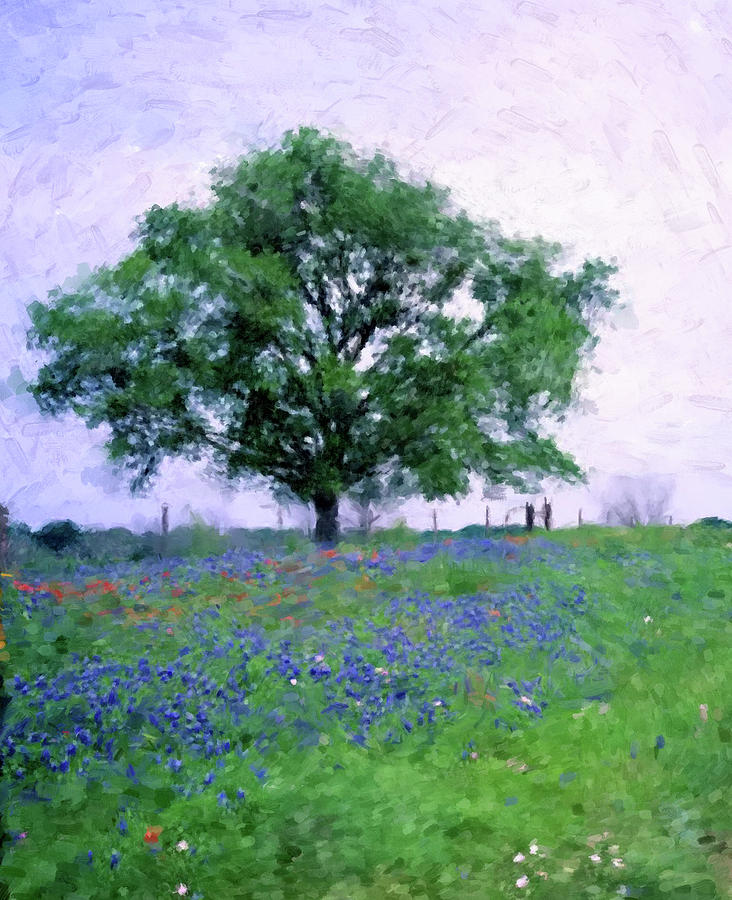 Tree with Bluebonnets Painting by Gary Grayson