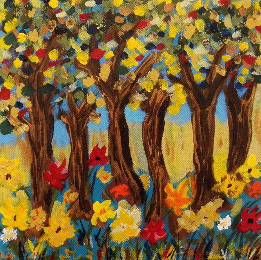 Trees and Bright Flowers Painting by Mary Carol Williams