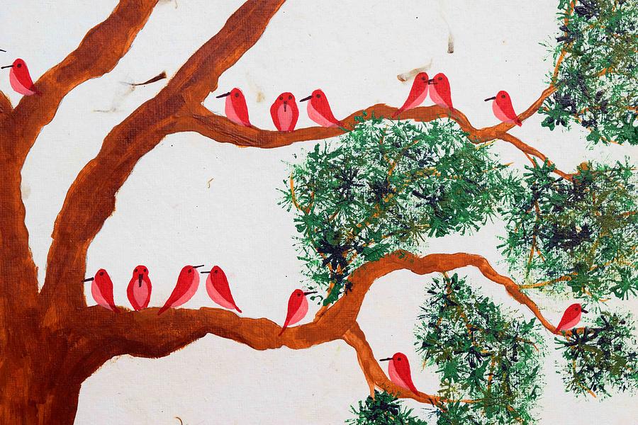 Trees And Red Birds 1 Painting by Sumit Mehndiratta