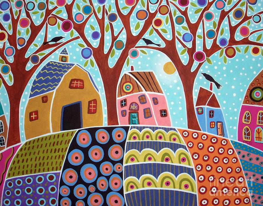 Trees Houses Barn And Birds Painting by Karla Gerard