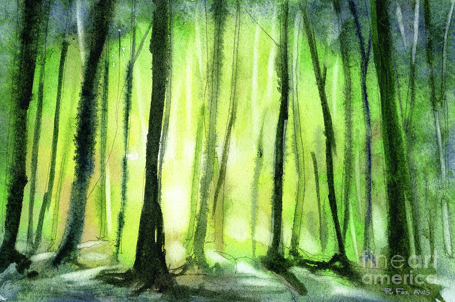 Trees in forest silhouetted at sunset.  Watercolor painting of t Painting by Ryan Fox