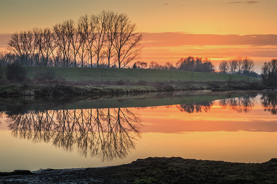 Trees reflection in the water at sunset in Meinerswijk Photograph by Tim Abeln