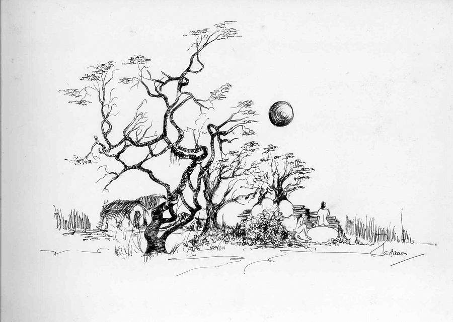 Trees rocks and a ball Drawing by Padamvir Singh