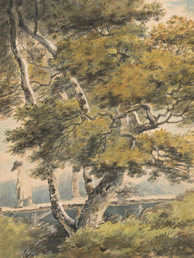 Trees, with a Man Crossing a Footbridge Painting by Paul Sandby