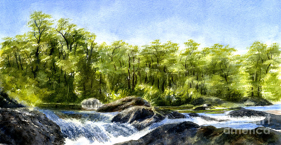 Tree Painting - Trees with Rocks and Waterfall by Sharon Freeman