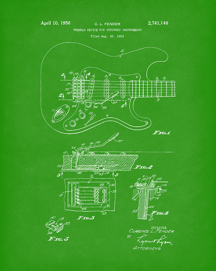 Tremolo Device 1956 Patent Art Bright Green Drawing by Prior Art Design