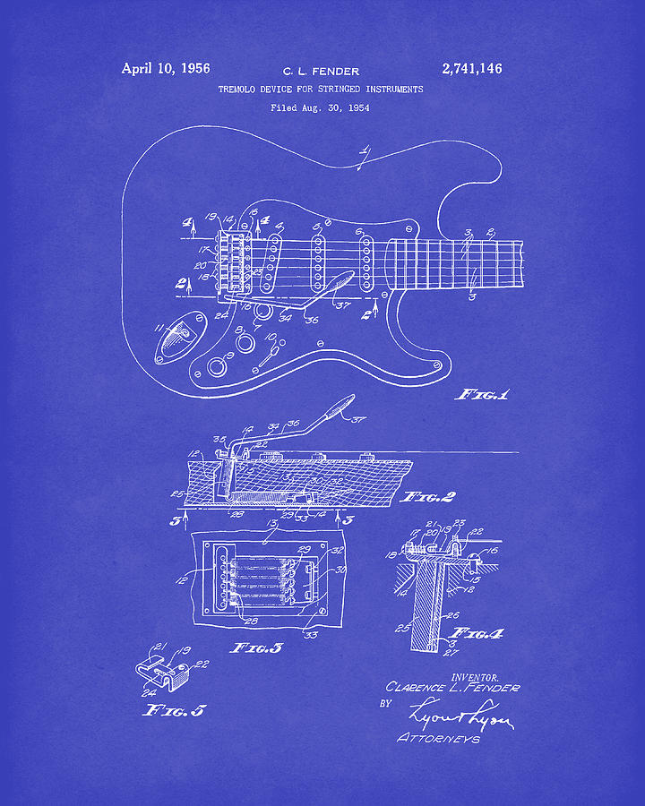 Tremolo Device 1956 Patent Art DarkBlue Drawing by Prior Art Design