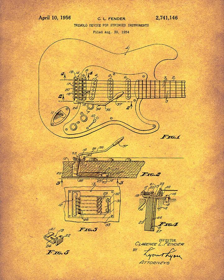 Guitar Still Life Drawing - Tremolo Device 1956 Patent Art Gold by Prior Art Design