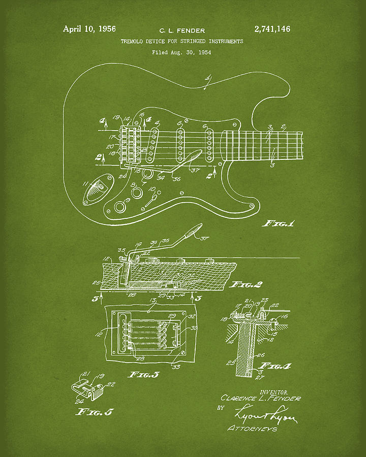 Tremolo Device 1956 Patent Art Green1 Drawing by Prior Art Design