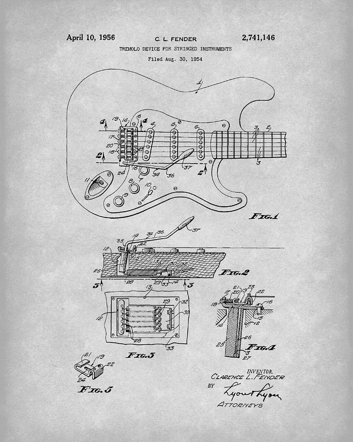 Tremolo Device 1956 Patent Art Grey Drawing by Prior Art Design