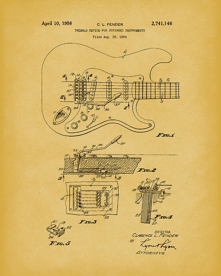 Tremolo Device 1956 Patent Art LightBrown Drawing by Prior Art Design