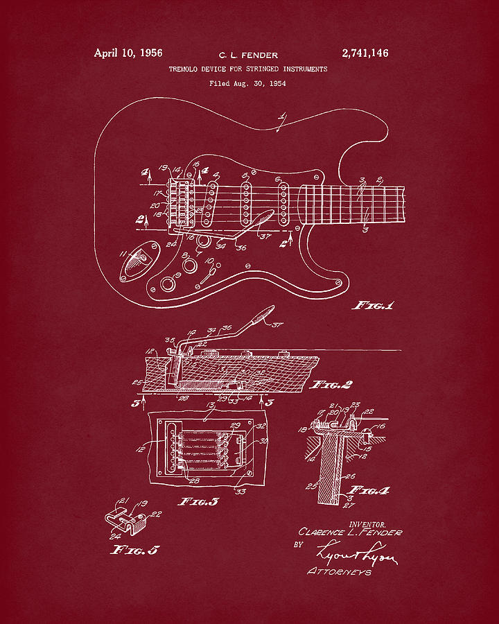 Tremolo Device 1956 Patent Art Red Dark Drawing by Prior Art Design