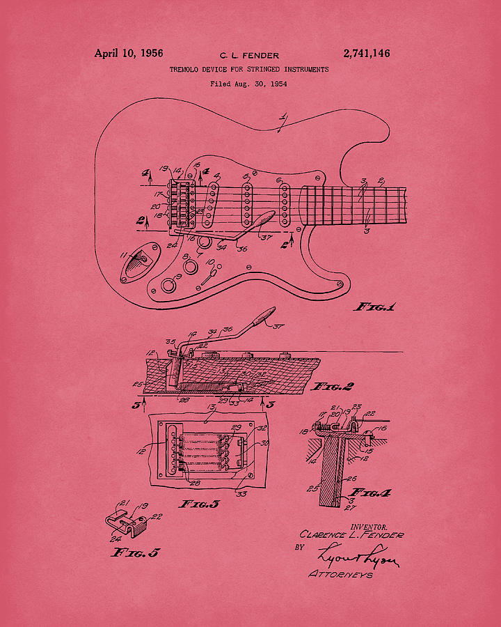 Tremolo Device 1956 Patent Art Red Drawing by Prior Art Design