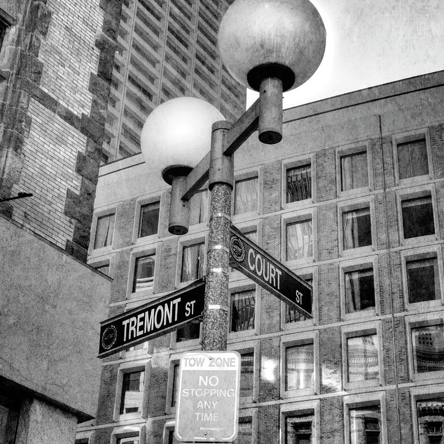 Tremont and Court St Urban Black and White Boston Lamp Post Photograph by Joann Vitali