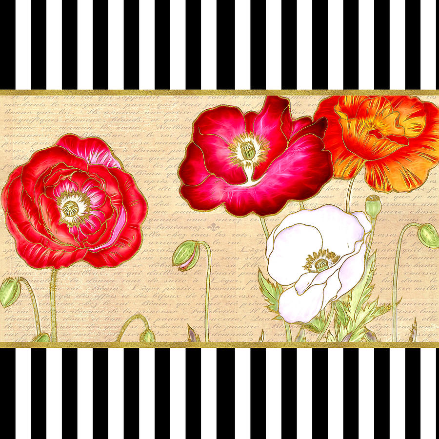 Trendy Red Poppy Floral Black and White Stripes Digital Art by Tracie Schiebel