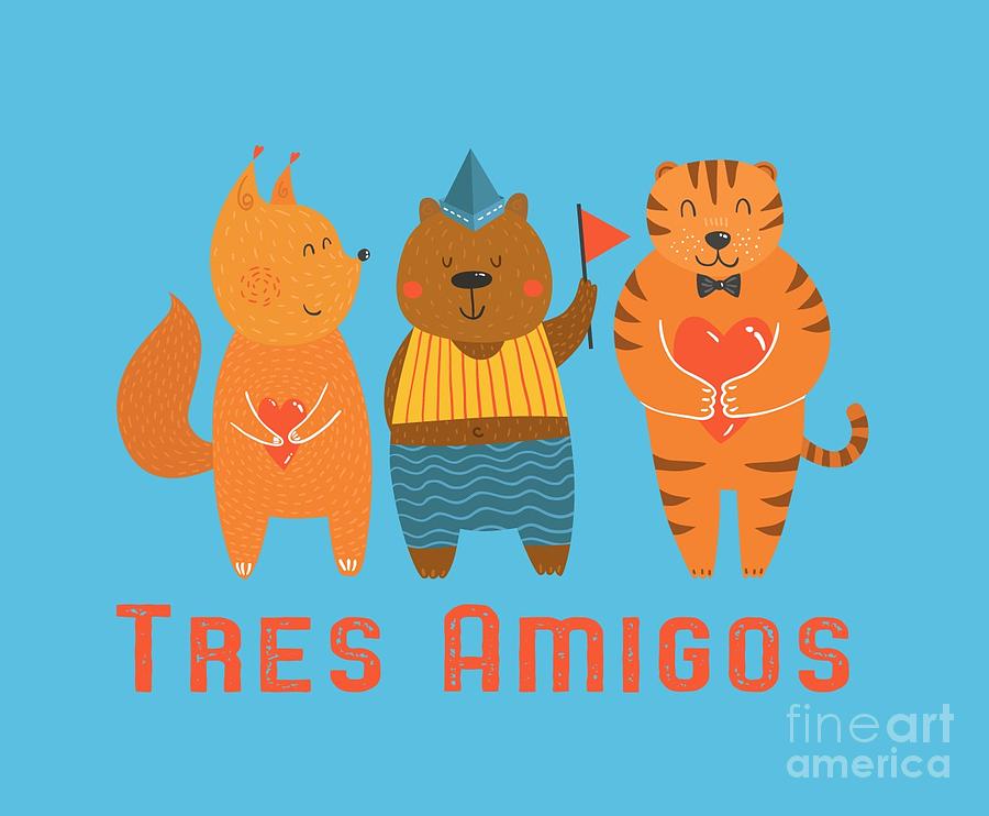 Fox Digital Art - Tres Amigos Cute Animals Tee by Edward Fielding